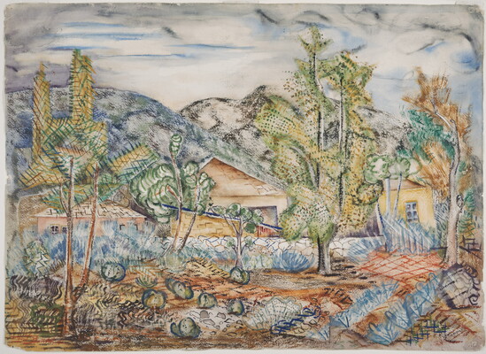 An abstract watercolor of trees and other plants in front of a rock wall that partially hides houses at the base of mountains.
