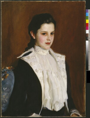 An oil painting portrait of a fair-skinned young girl wearing a fancy military-style jacket and a crisp white blouse.