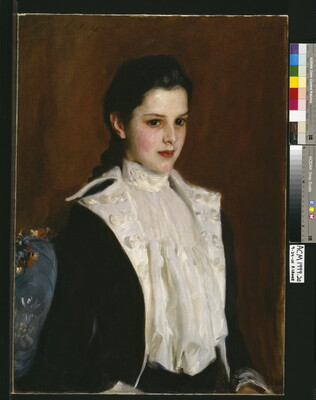 An oil painting portrait of a fair-skinned young girl wearing a fancy military-style jacket and a crisp white blouse.
