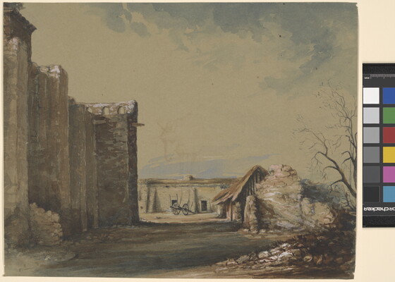 A watercolor landscape of stone ramparts looming over a small, rough dwelling and farm building.