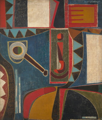 An oil painting of blue, red, green, black, cream, and yellow geometric shapes with an upside down red question mark in the center.