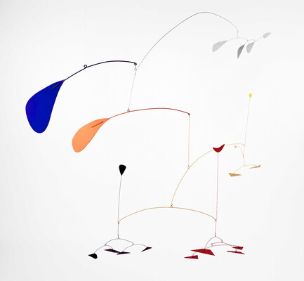 An aluminum and steel mobile of abstract shapes in blue, red, black, and yellow hanging from wires.