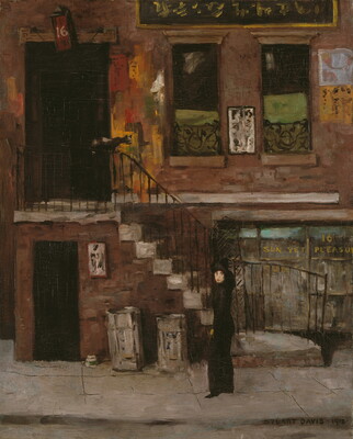 An oil painting of a White woman wearing black standing on a sidewalk in front of a city building.