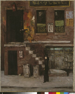 An oil painting of a woman wearing black standing on a sidewalk in front of a city building.