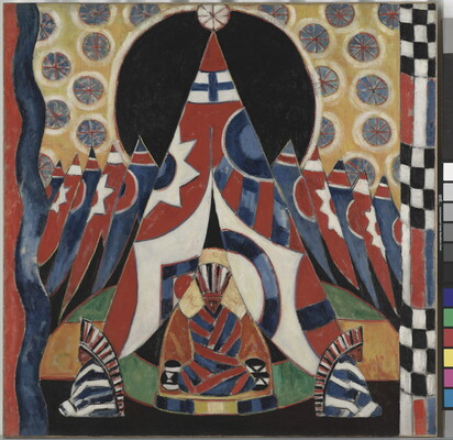 An abstract oil painting of a row tipis in red, blue, and white on a patterned background with three Indigenous people seated in front of the center tipi.