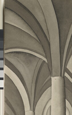 A detail of a grayscale watercolor of the interior of a columned building with vaulted ceilings and a small egg resting on either a floor or a wall between two columns.