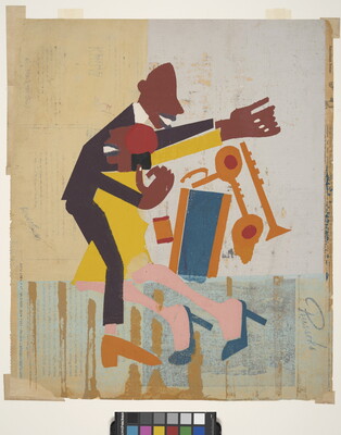 A print of two stylized brown-skinned people dancing in colorful clothes.