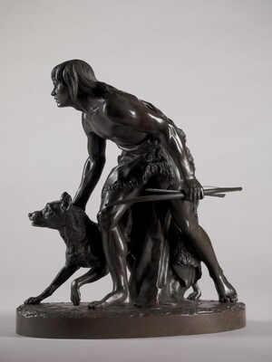 A bronze sculpture of a young man holding a bow and arrow, standing hunched low with a dog beside him.