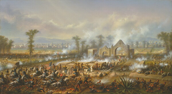 An oil painting of cavalry soldiers riding toward a stone gate to a battle.