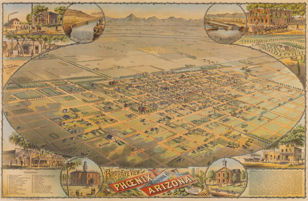 A color print of an aerial view of a city within an oval showing a grid of streets with buildings and other landmarks around the outer edges of the oval.