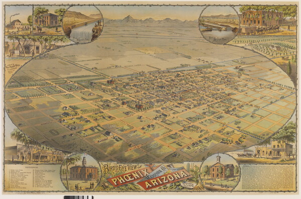 A color print of an aerial view of a city within an oval showing a grid of streets with buildings and other landmarks around the outer edges of the oval.