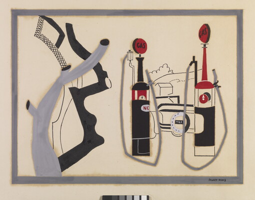 An abstract watercolor of old-style gas pumps and other organic shapes in black, gray, and red.