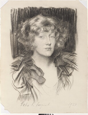 A charcoal portrait of a woman with chin-length curly hair wearing a ruffled blouse.