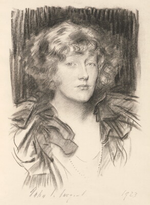 A charcoal portrait of a White woman with chin-length curly hair wearing a ruffled blouse.