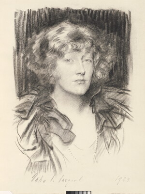 A charcoal portrait of a woman with chin-length curly hair wearing a ruffled blouse.