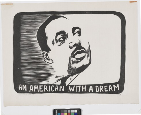 A black-and-white portrait print of Martin Luther King Jr.'s face above the words "An American with a Dream."