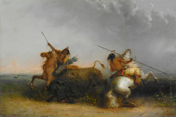 An oil painting of two Native Americans on horseback hunting a bison with their spears.