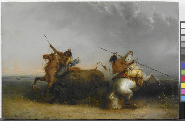 An oil painting of two Native Americans on horseback hunting a bison with their spears.
