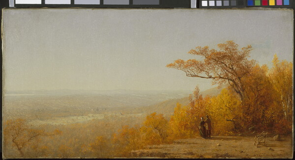 An oil painting of an autumn landscape with a man and a woman looking out over a valley.