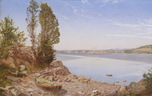 An oil painting of a calm body of water with a small boat on a dry, rocky shoreline in the foreground.