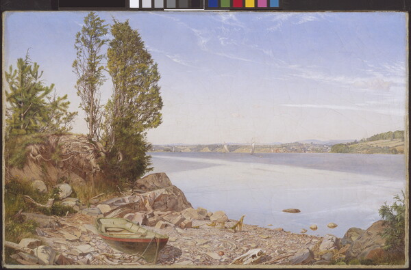 An oil painting of a calm body of water with a small boat on a dry, rocky shoreline in the foreground.