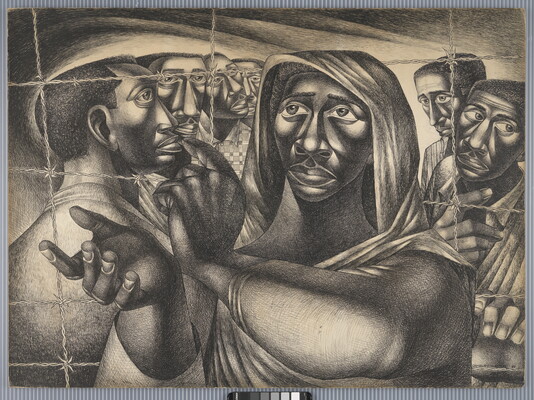 A black-and-white stylized drawing of six Black men behind a barbed wire fence and a Black woman in front of them gesturing toward the viewer.