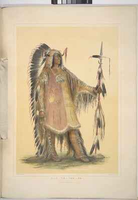 A color print of an Indigenous man dressed in a tunic, full-length headdress, and holding a feathered spear.