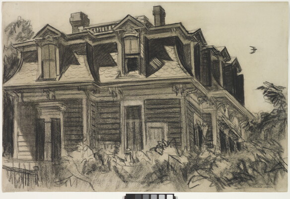 A charcoal drawing of a house with a Mansard roof and dormer windows surrounded by foliage.