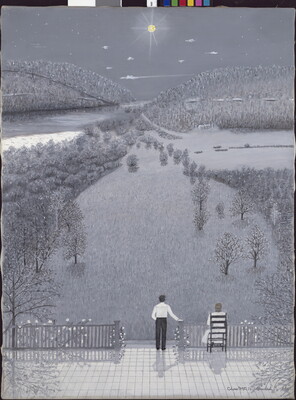 A whimsical oil painting in mostly grays, blacks, and whites of a man and a woman on a patio gazing out on a moonlit snow scene.