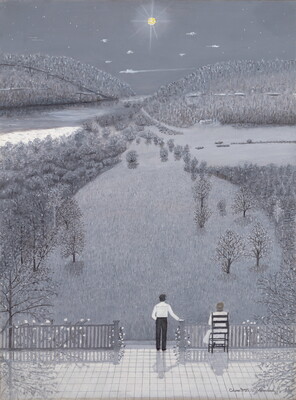 A whimsical oil painting in mostly grays, blacks, and whites of a man and a woman on a patio gazing out on a moonlit snow scene.