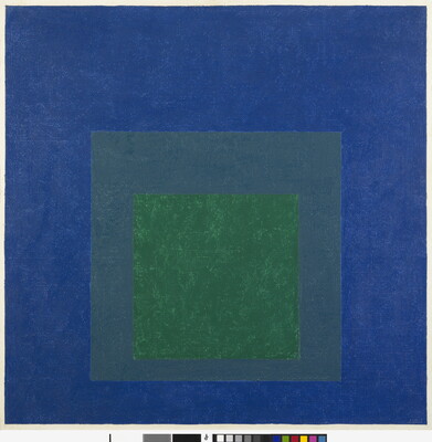 An abstract oil painting of three squares nested from largest to smallest in blue, gray, and green.