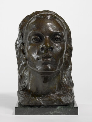 A bronze bust of a Black man emerging from a heavily textured background.