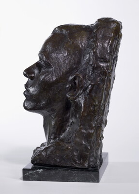 A bronze bust of a Black man emerging from a heavily textured background.