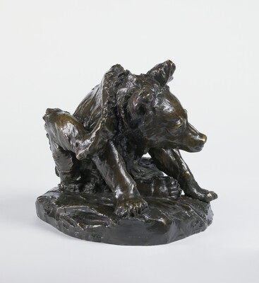 A bronze sculpture of a bear sitting on its haunches to clean itself with a hind leg.