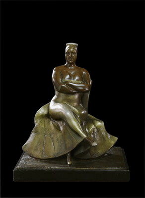 A bronze sculpture of a woman wearing an evening gown sitting with her legs and arms crossed.