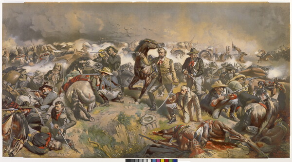 A color print of a smoky battle scene with a few men in the center upright with pistols and swords surrounded by dead or injured men and horses.