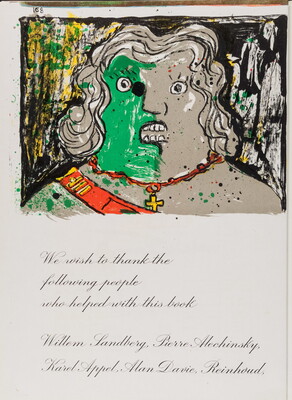 An abstract color print of a woman with green coloring on half of her face, a red necklace with a cross, a sash, and cursive text underneath.