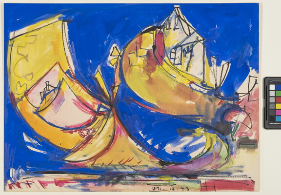 An abstract watercolor of an ocean, beach, and houses in bright blue and yellow.