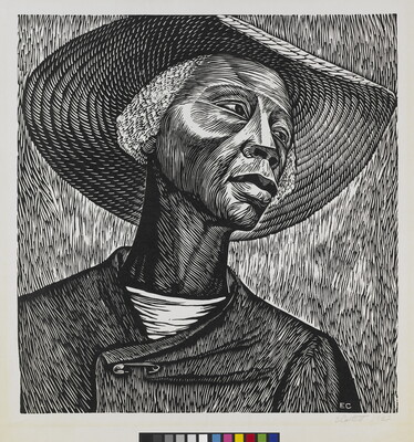 A black-and-white stylized portrait of a Black woman wearing a sunhat and a garment fastened with a safety pin at the neck.