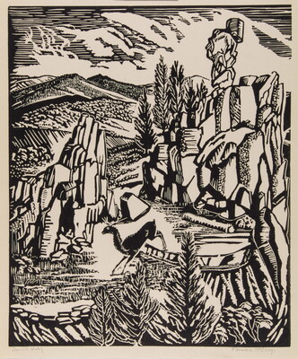 A black-and-white print of a Colorado landscape that includes rock formations, trees, and a running deer.