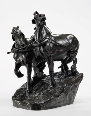A bronze sculpture of two horses wearing harnesses running side by side.