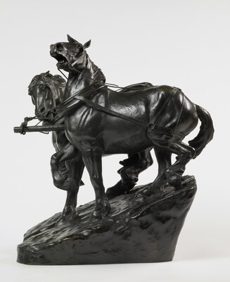 A bronze sculpture of two horses wearing harnesses running side by side.