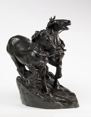 A bronze sculpture of two horses wearing harnesses running side by side.
