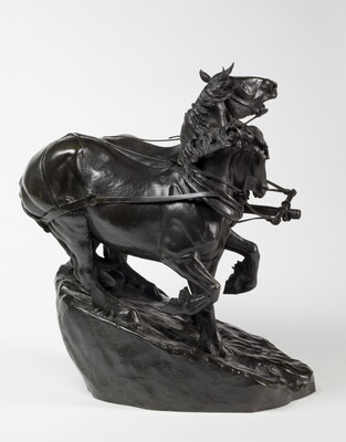 A bronze sculpture of two horses wearing harnesses running side by side.