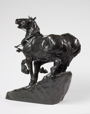A bronze sculpture of two horses wearing harnesses running side by side.