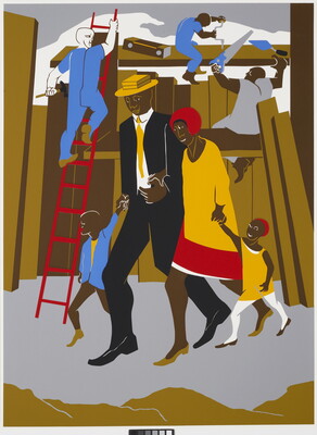 A brightly-colored print of a family walking past men doing construction on a city street.