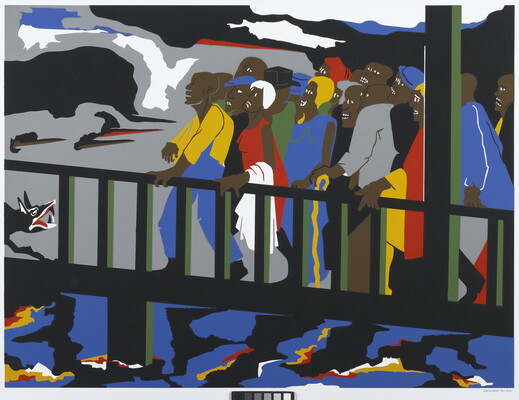 An abstract color print of a group of Black people crossing a bridge and being confronted by a snarling dog.
