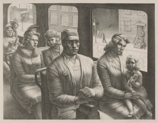 A black-and-white print of a Black man sitting in a street car next to a White woman and child with other White passengers in the background.