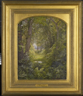 An oil painting of a lush green forest with a variety of plants in the foreground and tall trees in the distance.