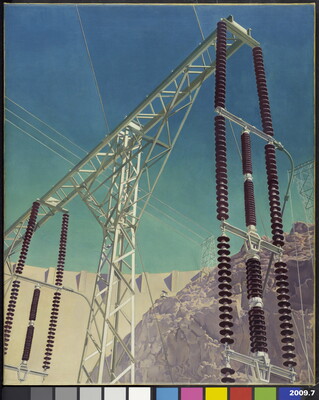 An oil painting of a power grid viewed from below, with a bright blue sky and dam in the background.